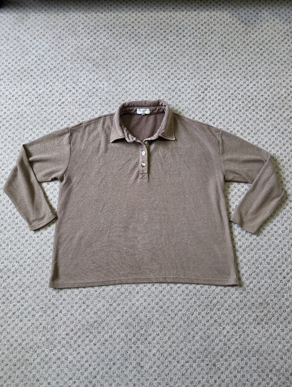 Bohme Neutral Taupe Button Polo Long Sleeve Top
